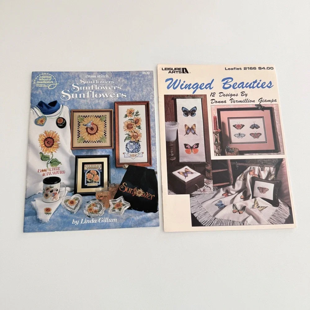 Lot 2 Vintage Cross Stitch Pattern Books‎ Sunflowers Butterflies Floral